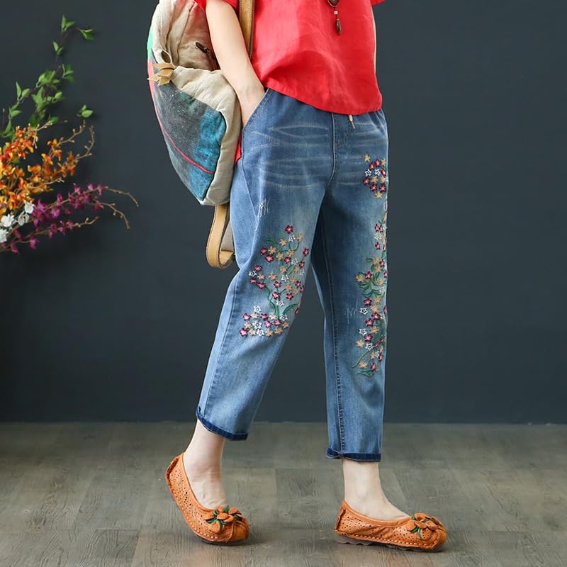 Women's Baggy Drawstring Elastic Waist Cropped Jeans Casual Loose Floral Embroidered Capri Harem Denim Pants2