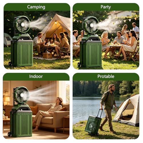 Veubew Portable Misting Fan with 30L Bucket, 30000mAh Rechargeable Battery Powered, 12Hrs Mist Rechargeable Fans, 4 Strong Winds, 4 Spray Mister, 3 Lighting Settings for Outdoor, Camping, Patios by Veubew - Used condition - Image 9