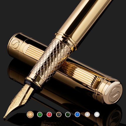 Image of Scriveiner Luxury Fountain Pen - Stunning Gold Pen, Real Gold Plating, Schmidt Gilded Nib (Medium), Converter, Best Pen Gift Set for Men & Women, Professional, Executive, Office, Nice Pens