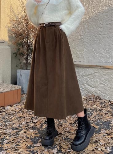 Women Vintage Fall Corduroy Long Skirt w/Belt Flowy A-Line Pleated Maxi Dress Japanese Style Cottagecore Midi Skirts2