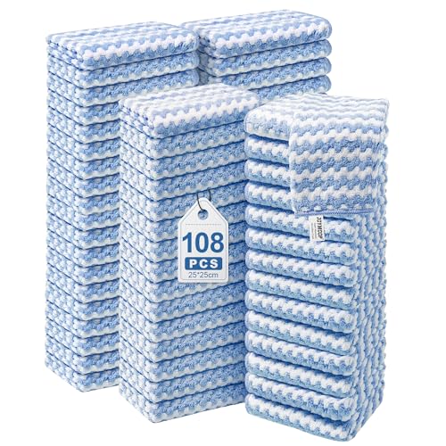 Image of JOYMOOP 108 Packs Microfiber Cleaning Cloths, 10 inch x 10 inch Reusable Kitchen Towels, Lint-Free Cleaning Rags, Super Absorbent Cleaning Cloths for Kitchen, Car, and Household Cleaning, Blue