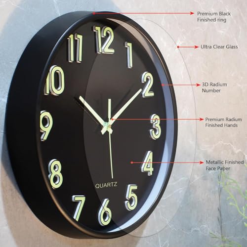 Image of Amazon Brand- Solimo 12-Inch Analog Wall Clock - Luminous Night Glow-in-the-Dark Design, Radium Dial, Silent Non-Ticking Sweep