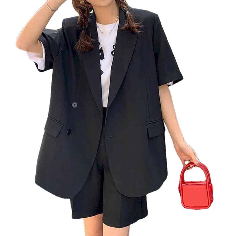 Women'S Thin Casual Loose Short Sleeve Blazer Solid Color Chic Notch Collar Suit Coat