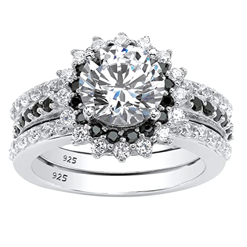 Platinum over Sterling Silver Round White and Black Cubic Zirconia Bridal Ring Set