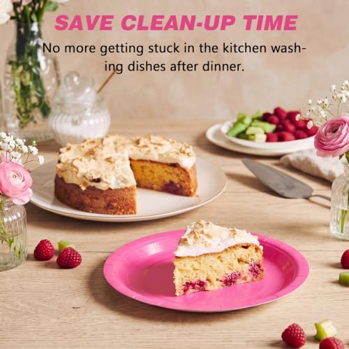 Image of Hot Pink Disposable Paper Plates, 7 Inch Dessert Cake Plates, 50 Count Bulk
