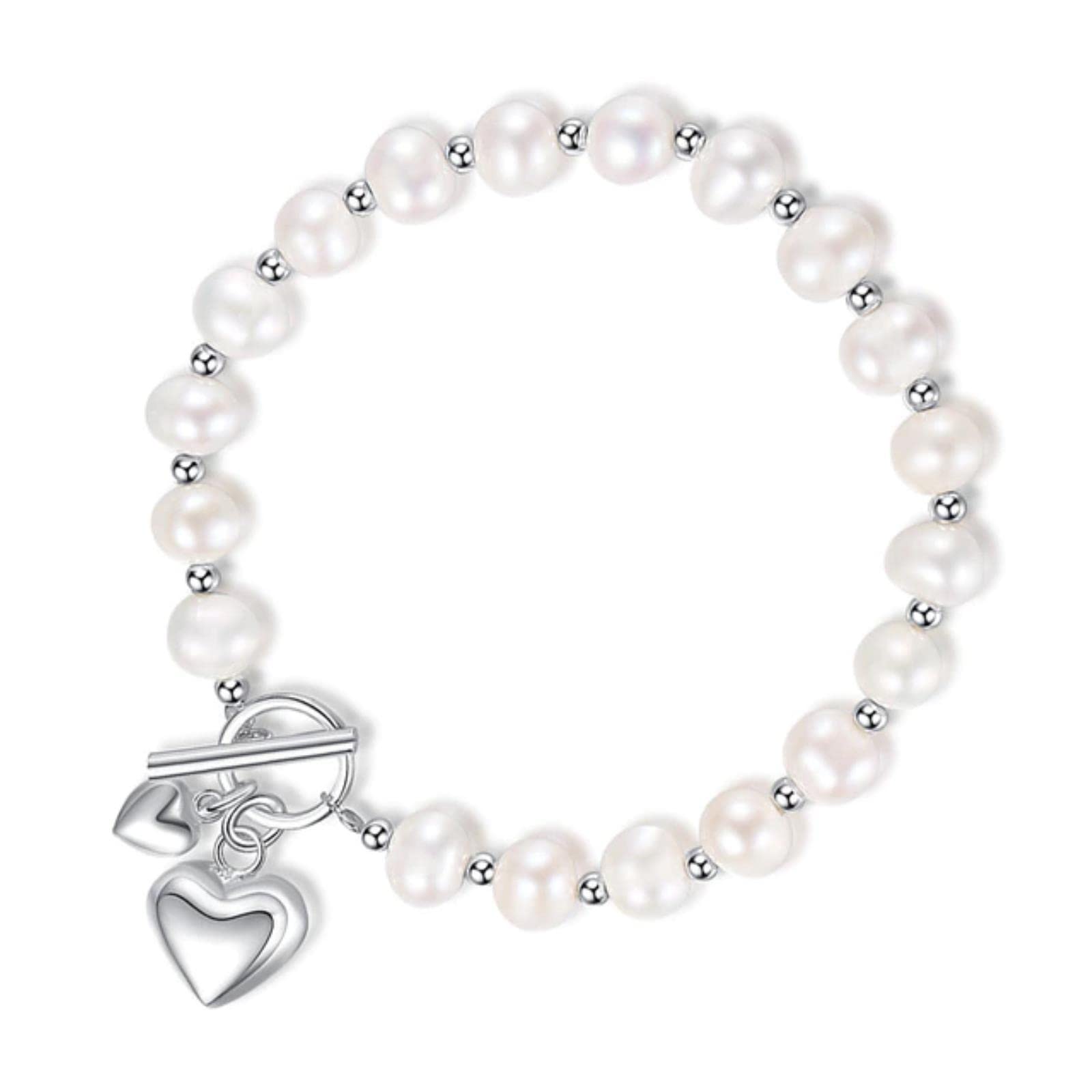 Bracciale in Argento Sterling 925 Fine con Perle d'Acqua Dolce A Forma di Cuore da 19 Cm per Gioielli da Donna per San Valentino