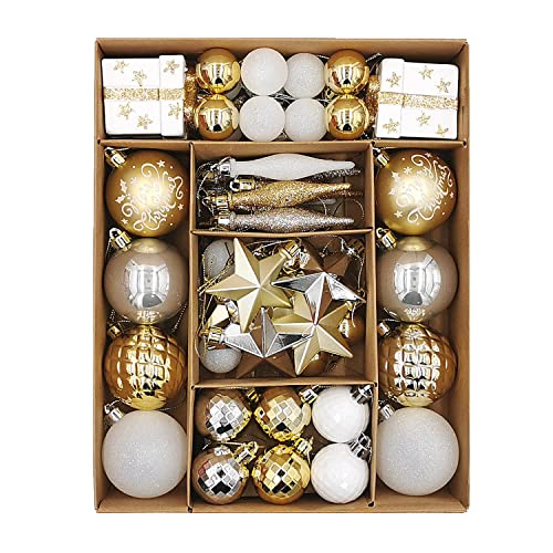 Christmas Assorted Ornaments Set, 58 ct Gold-Silver-White Stars Theme Xmas