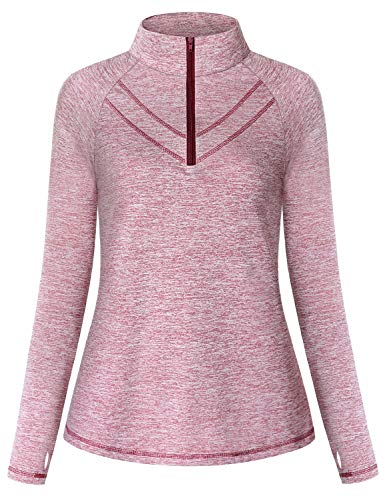 Vindery Yoga Jackets for Women, Long Sleeve Workout Shirts Thumb Holes Dri Fit Running Pullover 1/4 Zip Athletic Sweatshirt Juniors Active Tops Red M