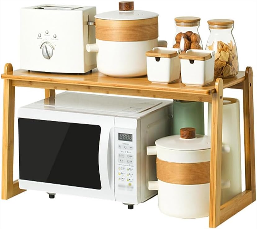 2-Tier Bamboo Microwave Shelf for Countertop Multifunctional Kitchen for Microwave Oven Toaster & Small Appliances Space-Saving Storage for Condiments & Utens