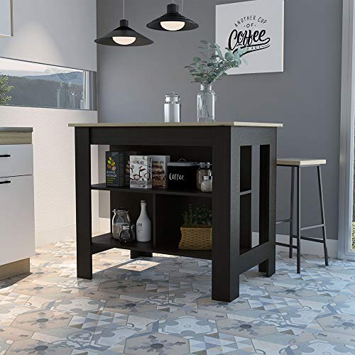 Tuhome Cala Kitchen Island with Spacious Surface, White and Walnut Finish, Multifunctional Storage Cabinet with Open Shelves and Drawer, Freestanding Kitchen Table for Cooking, Food Prep.