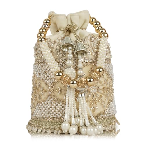 Image of Nevis Silk Fabric Luxury Pearl Embroidered Potli Bag for Women | Bridal Ethnic Drawstring Clutch with Beaded Handle Wedding