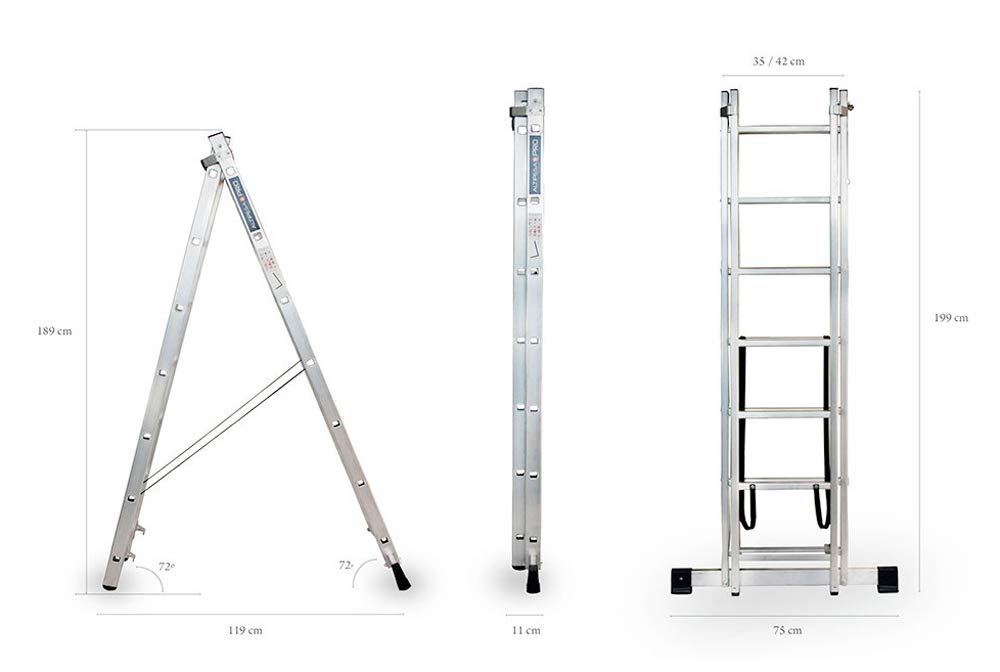 Escalera Profesional de Aluminio transformable Apoyo-Tijera con Base un Acceso 2 x 7 peldaños Serie bis
