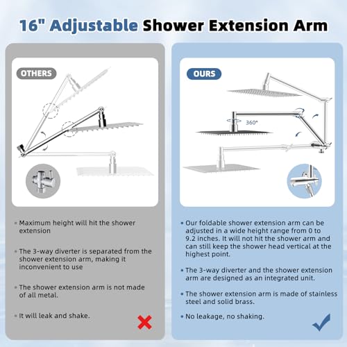 Image of 12 inch Metal Rain Shower Head with Handheld, High-Pressure Showerhead,10-Mode | Chrome, Rainfall Shower Head with 5 inch Large Handheld Spray, Adjustable 16 inch Shower Extension Arm /71 inch Hose, Brass 3-Way Diverter