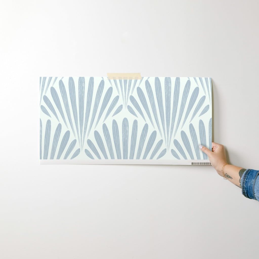 Peel & Stick Wallpaper Swatch - Seashell Fans,Scallop Fans,Coastal Nautical,French Blue,Cream Beige,Seashells,Neutral Custom Removable Wallpaper by Spoonflower