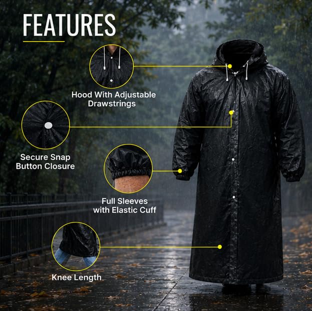Image of SR EVA Reusable Raincoat with Hood (Black) - Pack of 1 | Elasticated Full Sleeves Outdoor Waterproof Raincoat for Men & Women | Rainwear | Button Closure | Knee Length | Universal Fit(Black)