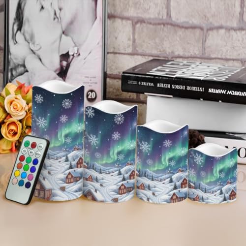 Image of Christmas Flameless LED Candles Set of 4 | Aurora Winter Village, Xmas Flameless Candles, with Remote Flickering, LED Candles with Timer for Holiday Patio Accents