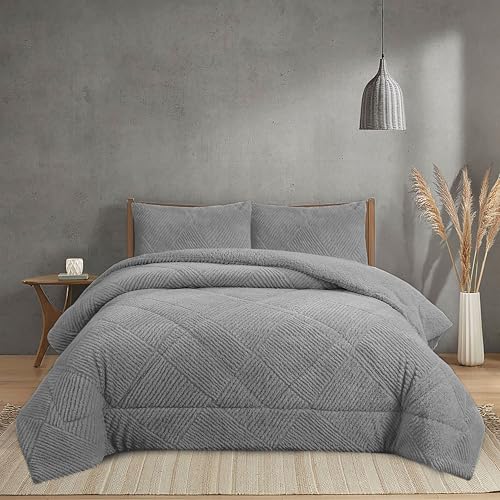 NH NOVOTEXTIL HOGAR Edredón Invierno Sherpa Cama 150 (250x260) Extra Grueso 560gr/m2 Efecto Borreguito - Edredón Suave, Cálido y Transpirable con 2 Fundas Almohada (50x70) (Belfast Gris)