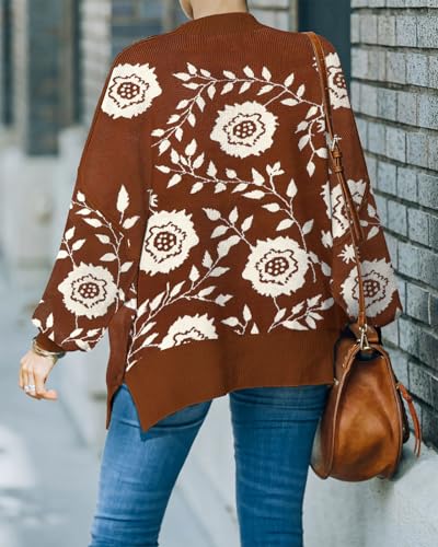 Image of Womens Sweaters Causal Crewneck Batwing Sleeve Knit Top Side Split Oversized Pullover Sweater Loose Jumper