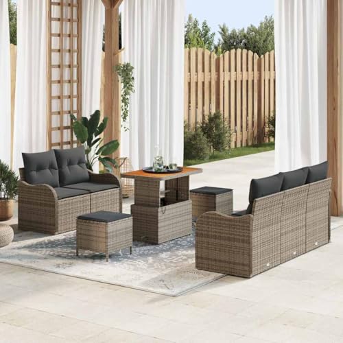 QJBSAVVA Gartensofa Set 8-TLG Poly Rattan Stahl akazienholz grau...
