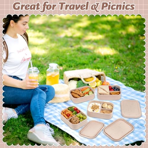 Image of Honeydak 6 Pcs Silicone Bento Box, 3 Compartment Lunch Food Container for Women Men, Leak Proof Microwave Easy to Clean Dishwasher Freezer Safe (Beige)