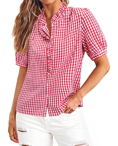 siliteelon Womens Plaid Shirts Gingham Top Short Sleeve Button Down Ruffle V Neck Dress Shirts Cotton Casual Work Blouse Red