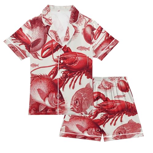 Satin Pajama Sets Short Sleeve Red Sea Creatures Fishs Button Down Silky Nightwear 2 Piece PJS 5-14Y