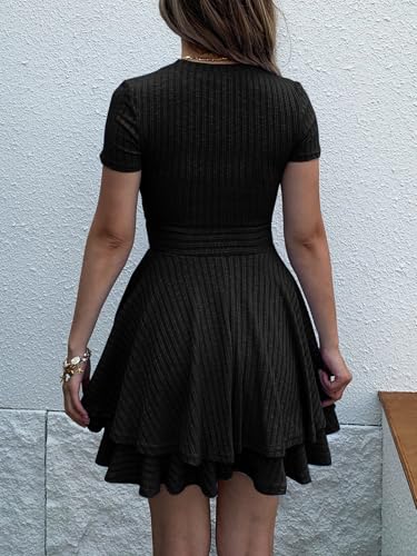 Womens Summer Mini Dresses Short Sleeve Casual Crewneck Knitted Crochet Flowy Tiered Sundress4