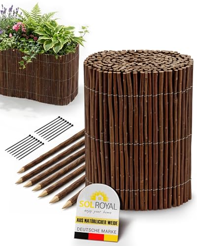 Sol Royal Beeteinfassung Weide 20 cm hoch 300 cm lang Mini Gartenzaun zum Stecken inkl. 7 Pflöcke & 14 Kabelbinder Flexible Rasenkante Steckzaun Beetumrandung Holz Weidenzaun Beetabgrenzung WB79