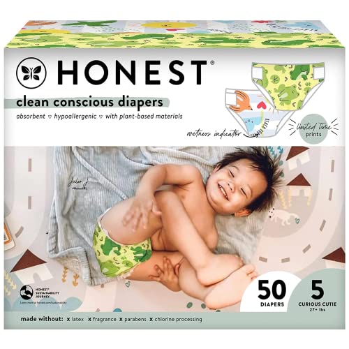 Image of The Honest Company Clean Conscious Diapers | Plant-Based, Sustainable | Spring '23 Limited Edition Prints | Club Box, Size 5 (27+ lbs), 50 Count