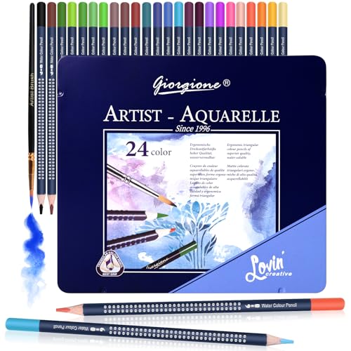 Reaeonat Watercolour Pencils 24 Professional Colored Pencil Set in Tin Box for Adult Artist and Beginners Drawing Sketching Painting Coloring Book Art Stationery Supplies