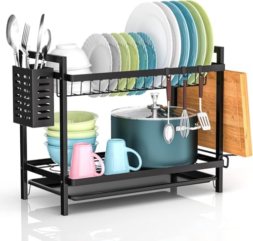 NEWKIBOU Escurridor de Platos, Escurreplatos Acero Inoxidable Cocina, Escurre Platos Armarios, 2 Niveles Escurridor Fregadero de Platos con Soporte para Tabla de Cortar et Bandejas...