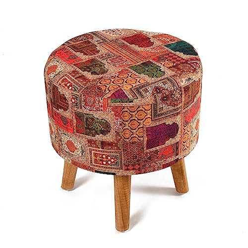 Image of NACIA Printed Ottoman Upholstered Foam Cushioned Pouffes Puffy Stool for Living Room Sitting Muddha Wooden Velvet Pouf Stool for Foot Rest, Home Decor Dressing Table Stool, 16x16x17 Inches, Beige