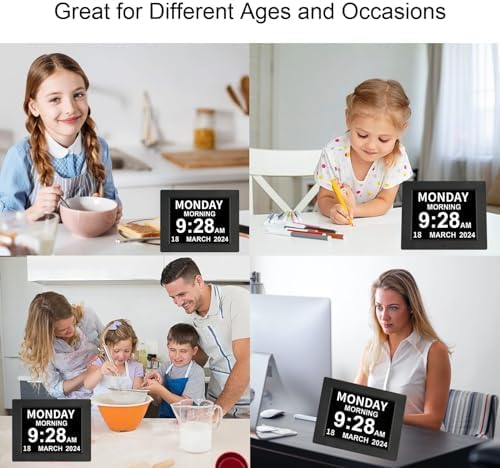 Miniatura 4 de Reloj digital con calendario de día, 5 despertadores y 3 recordatorios de medicamentos, extra grande de 8 pulgadas, no abreviado, fecha, mes,