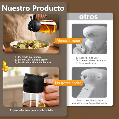 SWEET VIEW 470ml 2 en 1 Dispensador de Aceite y Pulverizador de Aceite, Vertedor Dispensador de Aceite de Oliva para, Cocina, Cocinar,Freidora de Aire,Ensalada, Barbacoa (Negro) - imagen 6