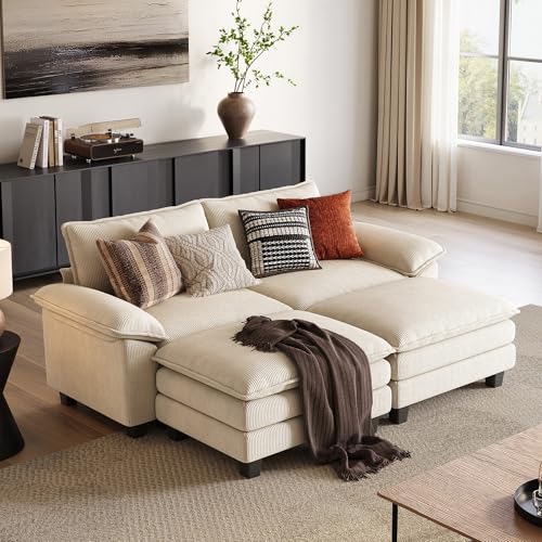Image of LINSY Home Modular Sectional Sofa - Oversized Corduroy Cloud Couch with Movable Ottoman Soft Modern Comfy Sofa Set for Living Room Apartment Office, Beige