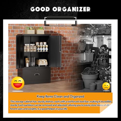 Image of INTERGREAT Metal Storage Cabinet with Drawer,52 inch H*32 inch W*16 inch D File Cabinets,Steel Locking Storage Cabinet with Doors and Shelves for Home,Office,Garage,School,Fit A4 /Letter /Legal File (Black)