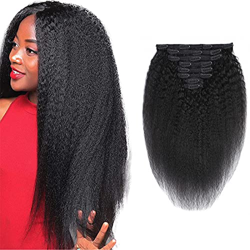 Real Human Hair Yaki Kinky Straight Clip In Hair Extensions 100% Human Hair 8 pieces 120gram/set 10A Grade for Thin Hair Natural Color for Black Women (24", Kinky Straight)