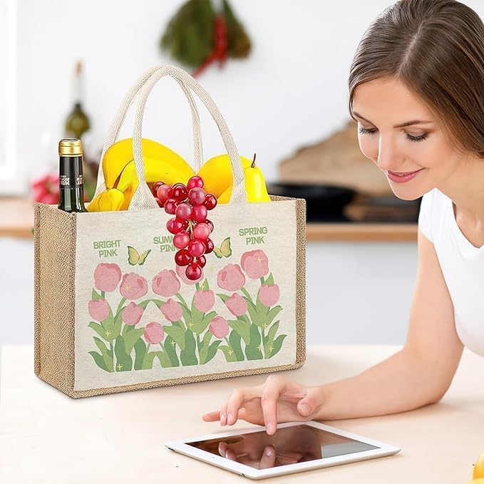 MALLOOM Lot de 6 Sacs fourre -Tout en Toile de Jute, Sac de Mariage de Demoiselle d'honneur, Fourre-Tout de Plage, Sacs d'épicerie réutilisables avec poignées en Coton pour le Shopping, les Voyages