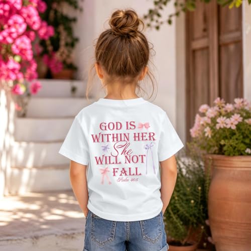 Image of Girls Christian Tees God is Within Her Jesus Shirt for Kids Faith Cute Graphic Bow Tshirt Inspirational Religious Top