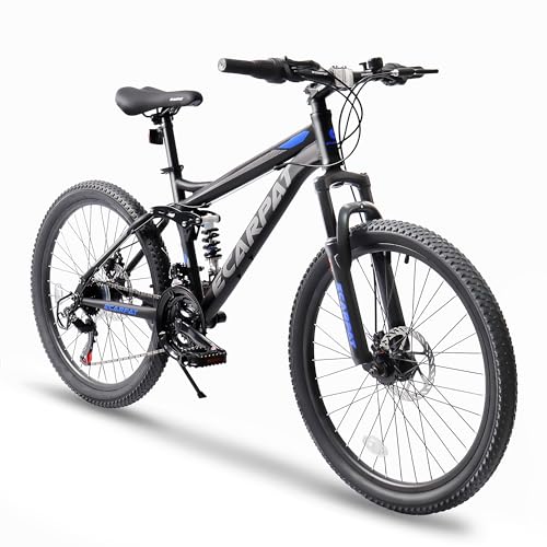 Ecarpat 24 Inch Mountain Bike, Dual Full Suspension Mountain Bike, 21-Speed Disc Brakes, Carbon Steel Frame,Trail Commuter City Bicycles