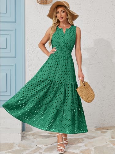 Image of Women 2025 Summer Maxi Dress Casual V Neck Sundress Sleeveless Hollow Out Eyelet a Line Long Flowy Beach Vacation