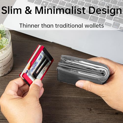 Image of Minimalist Carbon Fiber Wallet for Men, Money Clip Cash Strap Wallet, RFID Blocking Metal Wallet Aluminum Card Holder,Front Pocket Wallet(Matte Red)