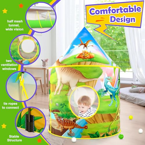 Image of PigPigPen 3pc Dinosaur Play Tent for Kids, Baby Ball Pit, Crawl Tunnel, Castle Tents for Toddlers, Children Indoor & Outdoor Playhouse Toys, Perfect Kid's Gifts