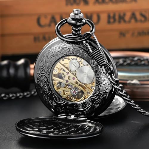 Image of Vintage Gold Double Sides Open Case Mechanical Men's Pocket Watch,Double Face Roman Dial Clock Hand Wind Pocket Watch for Men with FOB Chain