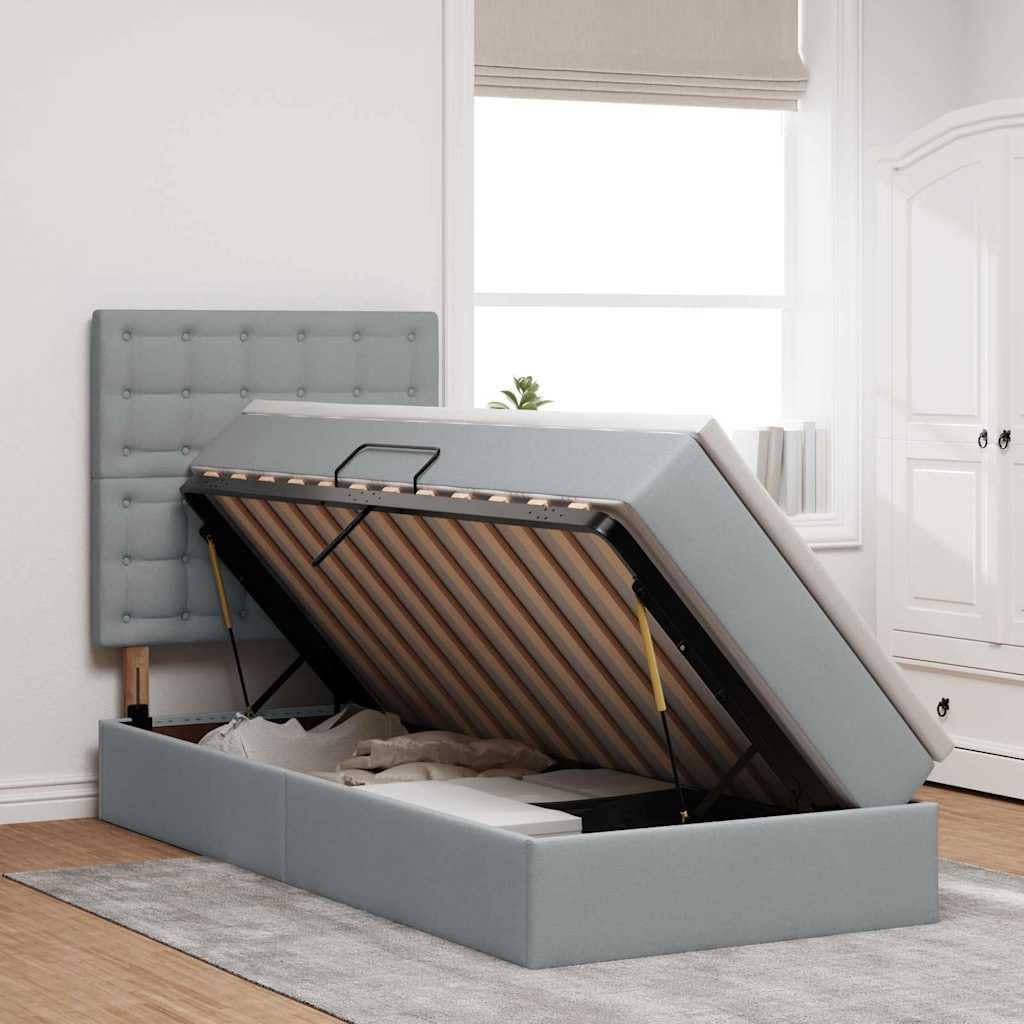 Moderno letto portaoggetti con materasso da 100 x 200 cm, illuminazione a LED grigio chiaro, telaio in metallo e rivestimento in poliestere, include materasso medio rigido e sistema di