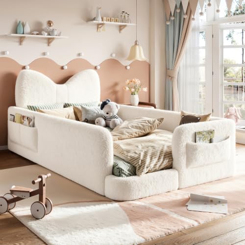 Image of Twin Size Kids Bed with Bow-Shaped Headboard, Upholstered Teddy Fabric Twin Daybed with Slats Support & Side Pockets, Space-Saving Wooden Corner Sofa Couch Bed Frame for Girls, Boys, Teenager(Beige)