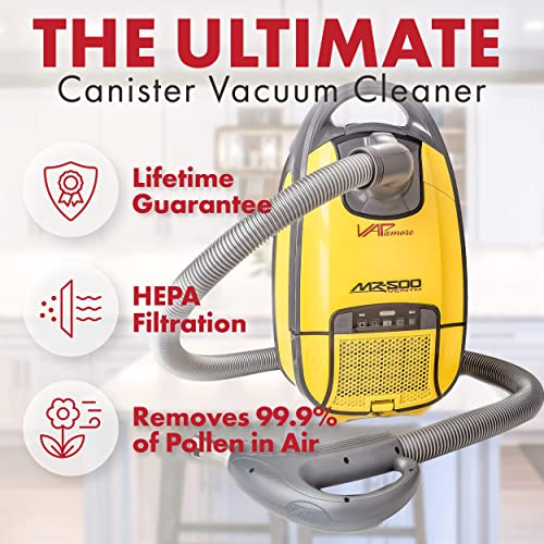 Vapamore Mr-500 Vento Canister Vacuum Cleaner With Retractable Cord, Professional Grade Multipurpose Canister Vacuum With Attachments, Includes 6 Hepa Dust Bags #TOP1