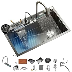 Kitchen Sink 304 Stainless Steel Single Bowl Kitchen Sinks, Digital Display Waterfall Sink, With Pull Down Sprayhead Faucet, With Pressurized Cup Washer and Two Waterfalls (31.5 x 18.1 inch) Kitchen Sink 304 Stainless Steel Single Bowl Kitchen Sinks Digital Display Waterfall Sink With Pull Down Sprayhead Faucet With Pressurized Cup Washer and Two Waterfalls 315 x 181 inch