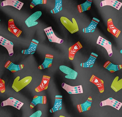 Image of Soimoi Gray Cotton Poplin Fabric Socks & Gloves Folk Art Printed Fabric 1 Meter 42 Inch Wide