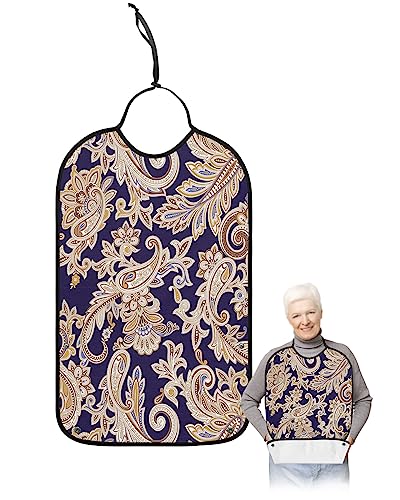 Kewadony Adult Bibs for Elderly Women - Luxurious Boho Florals Waterproof Dining Clothing Protectors with Crumb Catcher for Eating/Feeding, Vintage Flowers Terry Cloth Bib Machine Washable